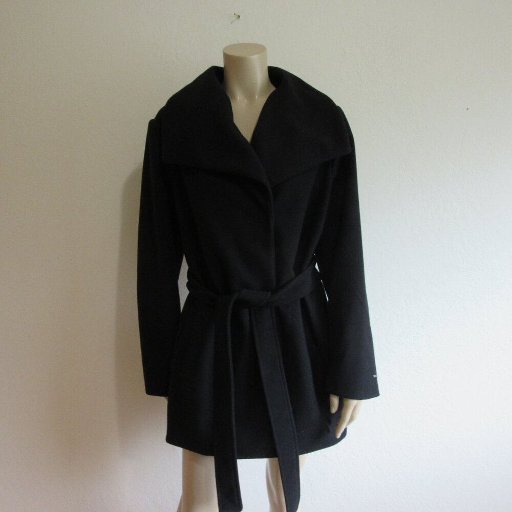 TAHARI Black Belted L Long Sleeve One Snap Closure Pockets Outerwear Jacket